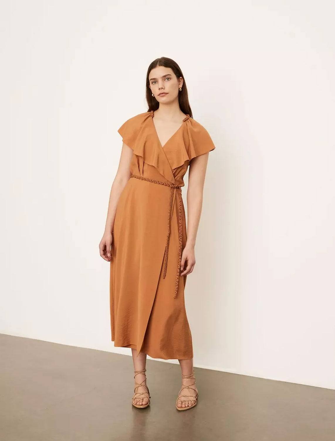 flutter sleeve wrap dress in copper – Twigs